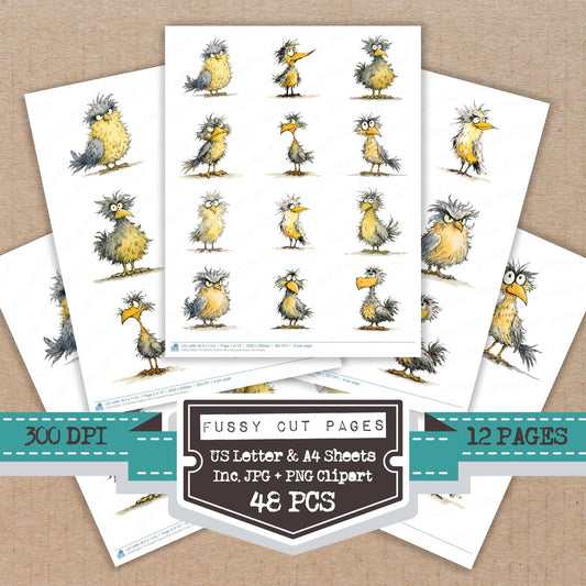 Ruffled Feather Bird Character fussy cut printable sheets for junk journaling, scrapbooking, and paper craft projects