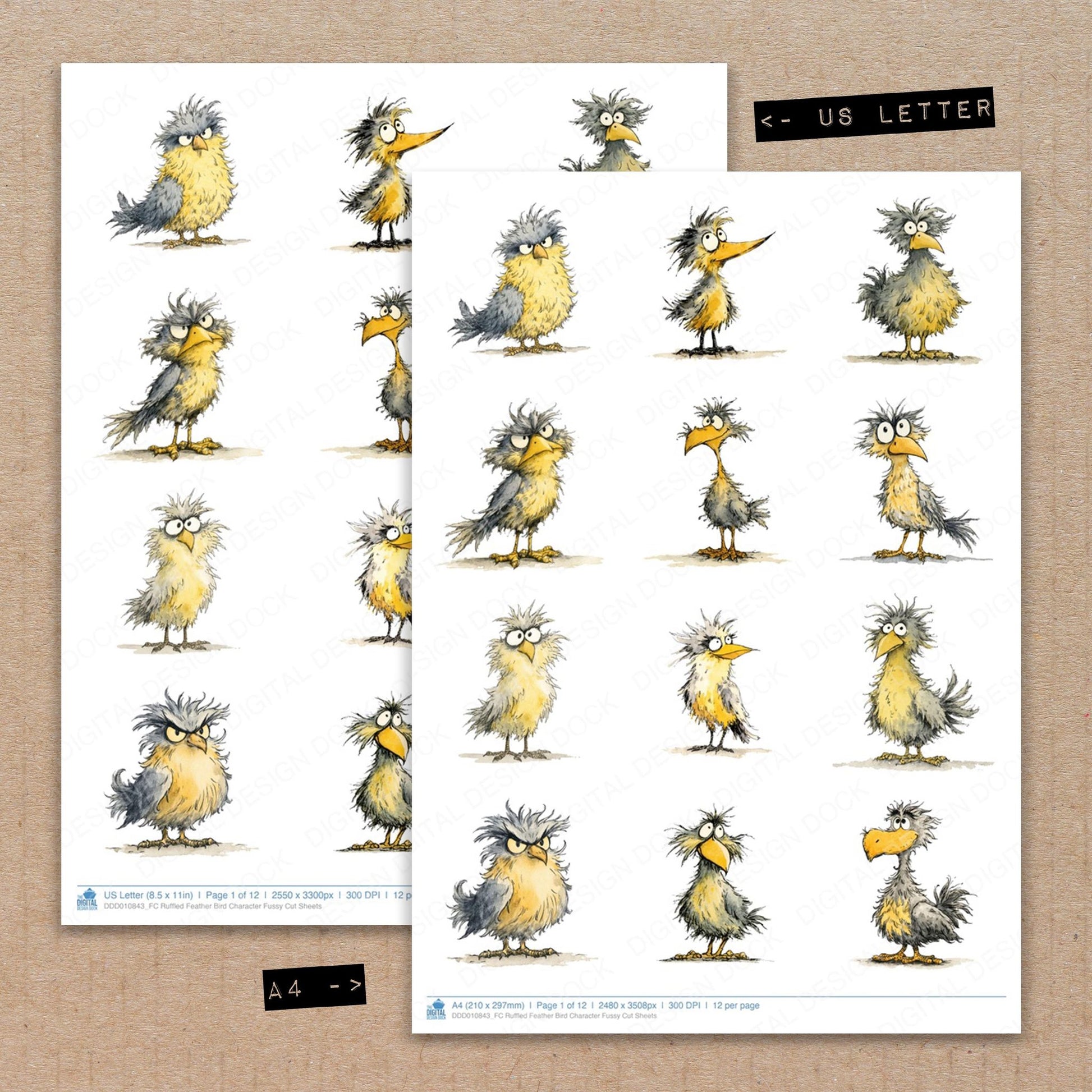 A4 and US Letter format comparison showing Ruffled Feather Bird Character fussy cut pages for print and cut crafting