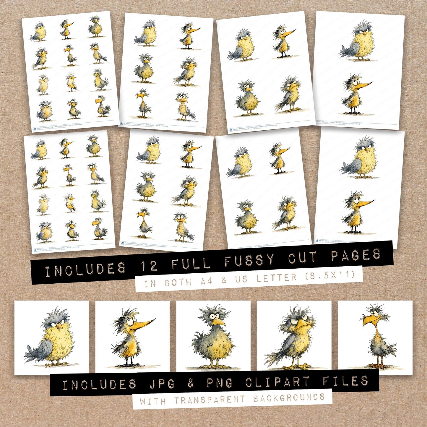 Full collection view of Ruffled Feather Bird Character fussy cut sheets with bonus clipart JPG and PNG files