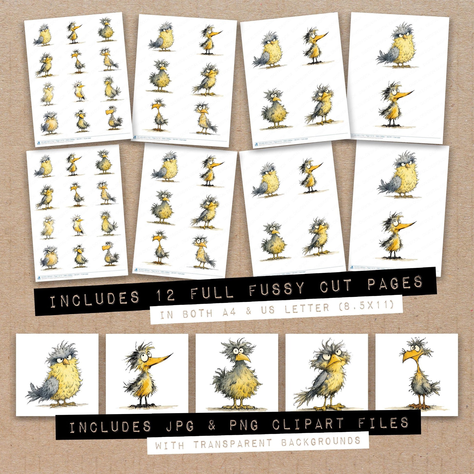 Full collection view of Ruffled Feather Bird Character fussy cut sheets with bonus clipart JPG and PNG files