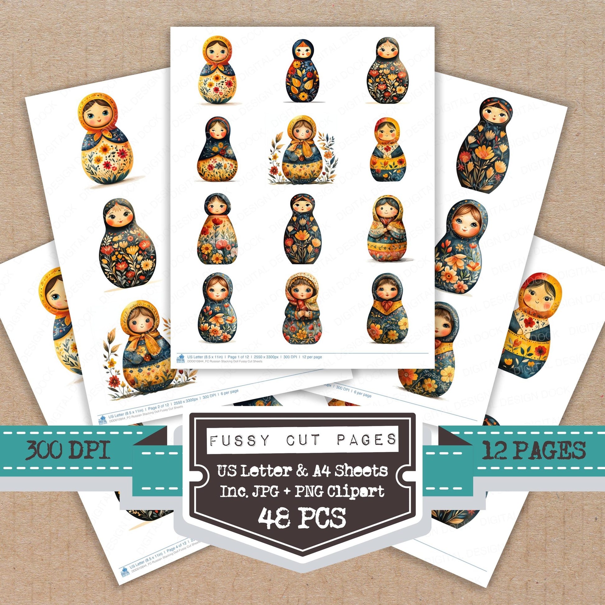 Russian Stacking Doll fussy cut printable sheets for junk journaling, scrapbooking, and paper craft projects