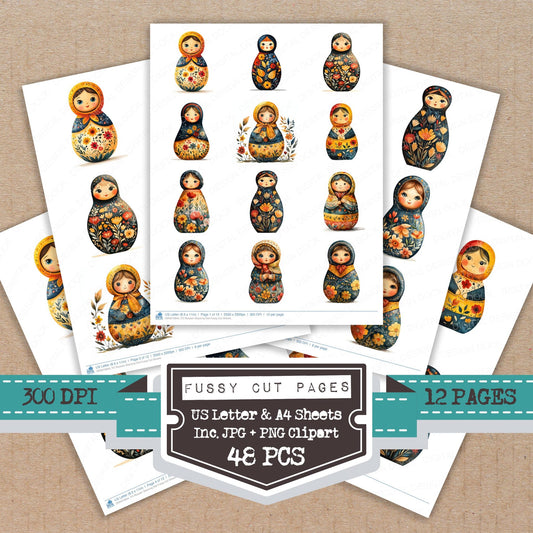 Russian Stacking Doll fussy cut printable sheets for junk journaling, scrapbooking, and paper craft projects