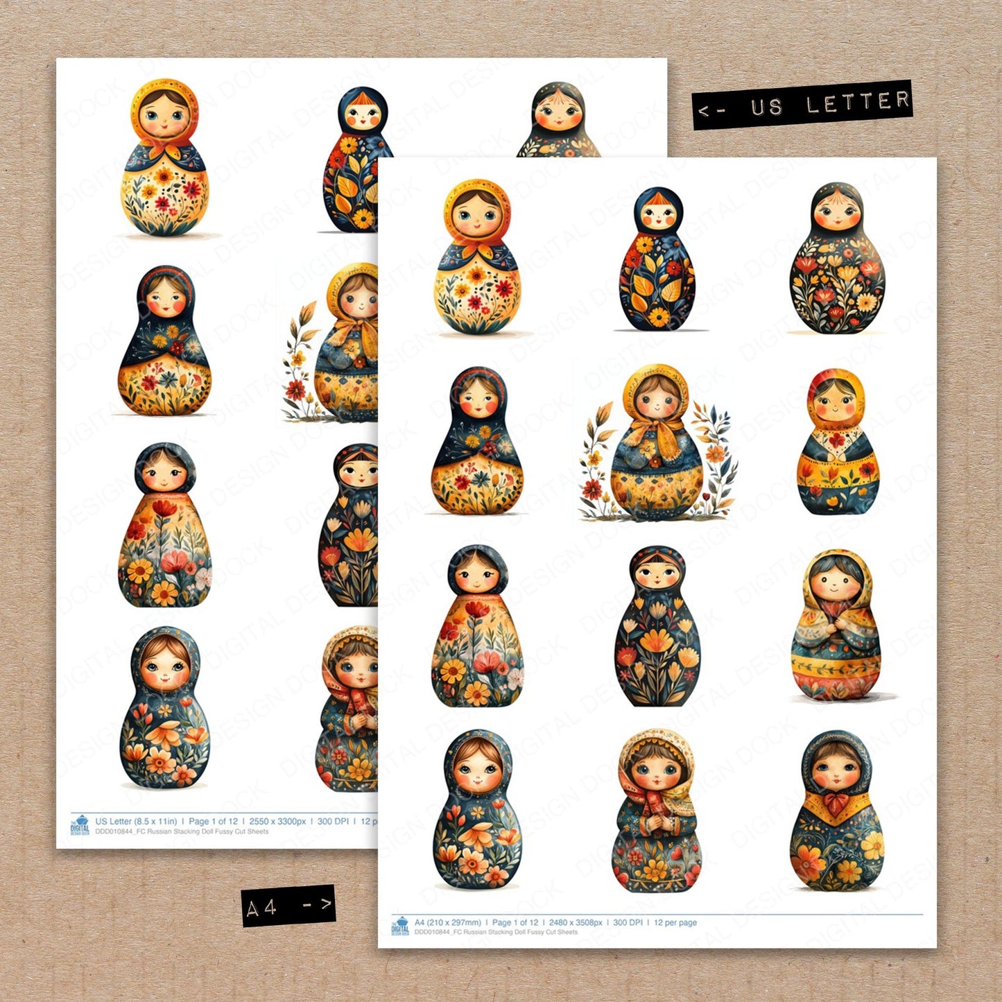 A4 and US Letter format comparison showing Russian Stacking Doll fussy cut pages for print and cut crafting