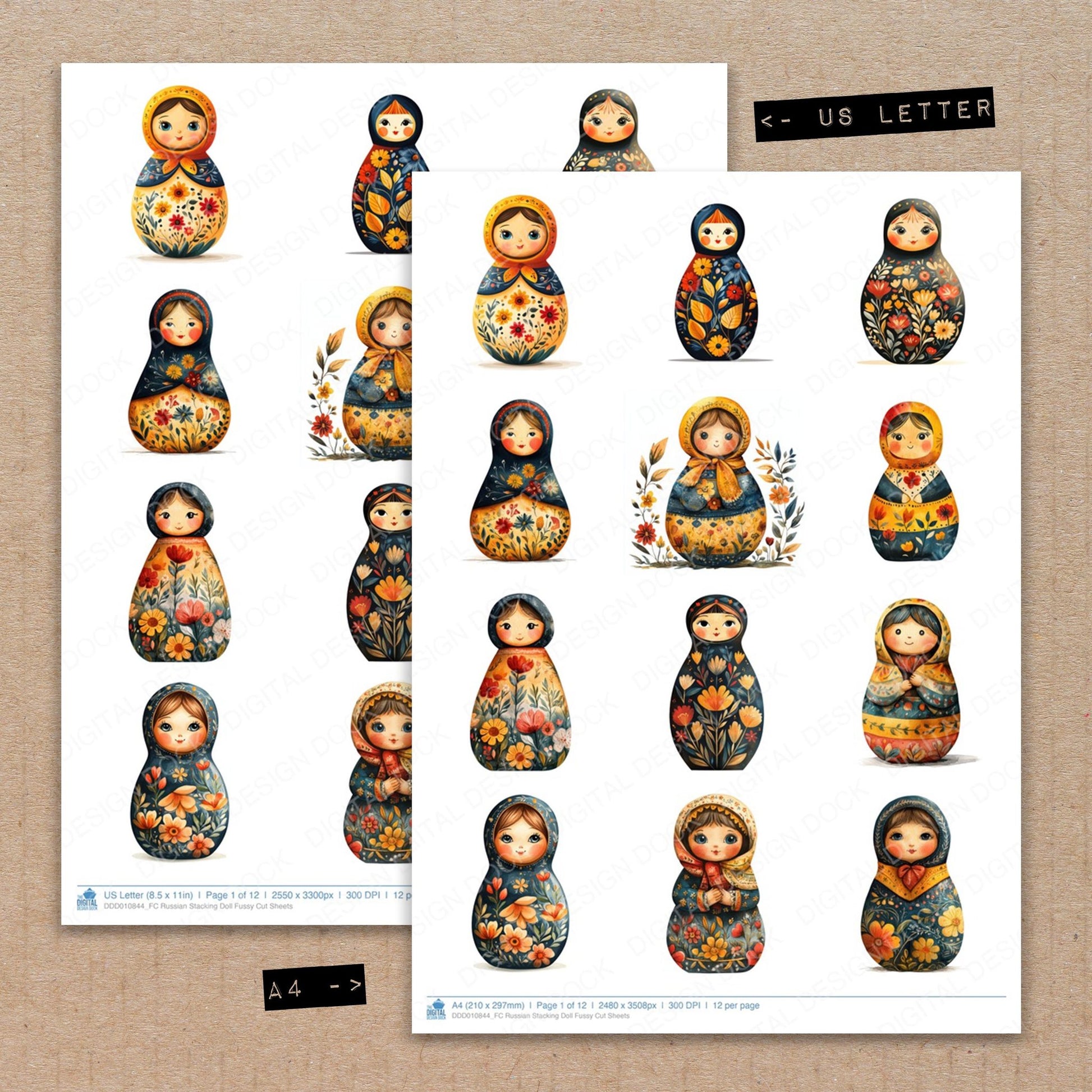 A4 and US Letter format comparison showing Russian Stacking Doll fussy cut pages for print and cut crafting
