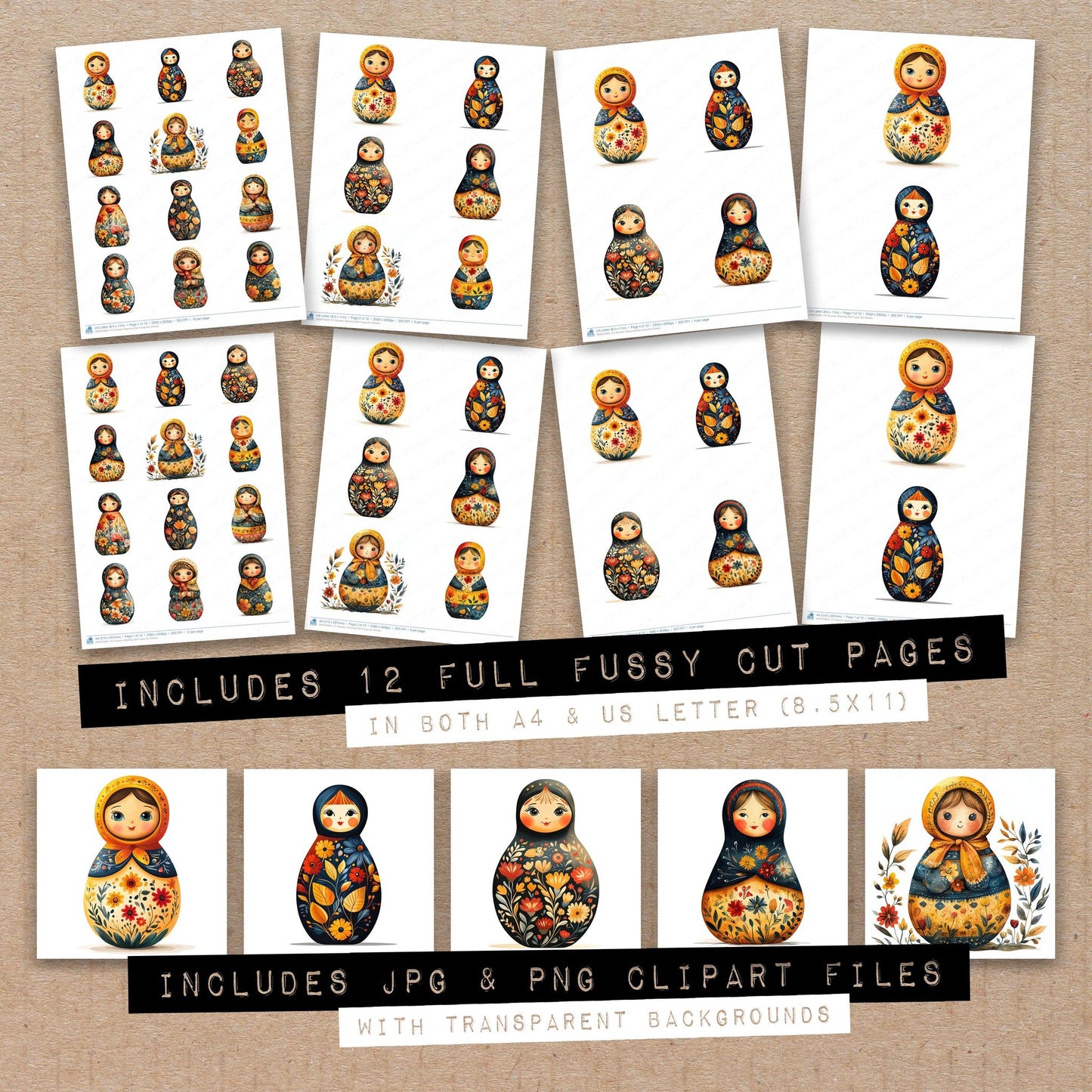 Full collection view of Russian Stacking Doll fussy cut sheets with bonus clipart JPG and PNG files
