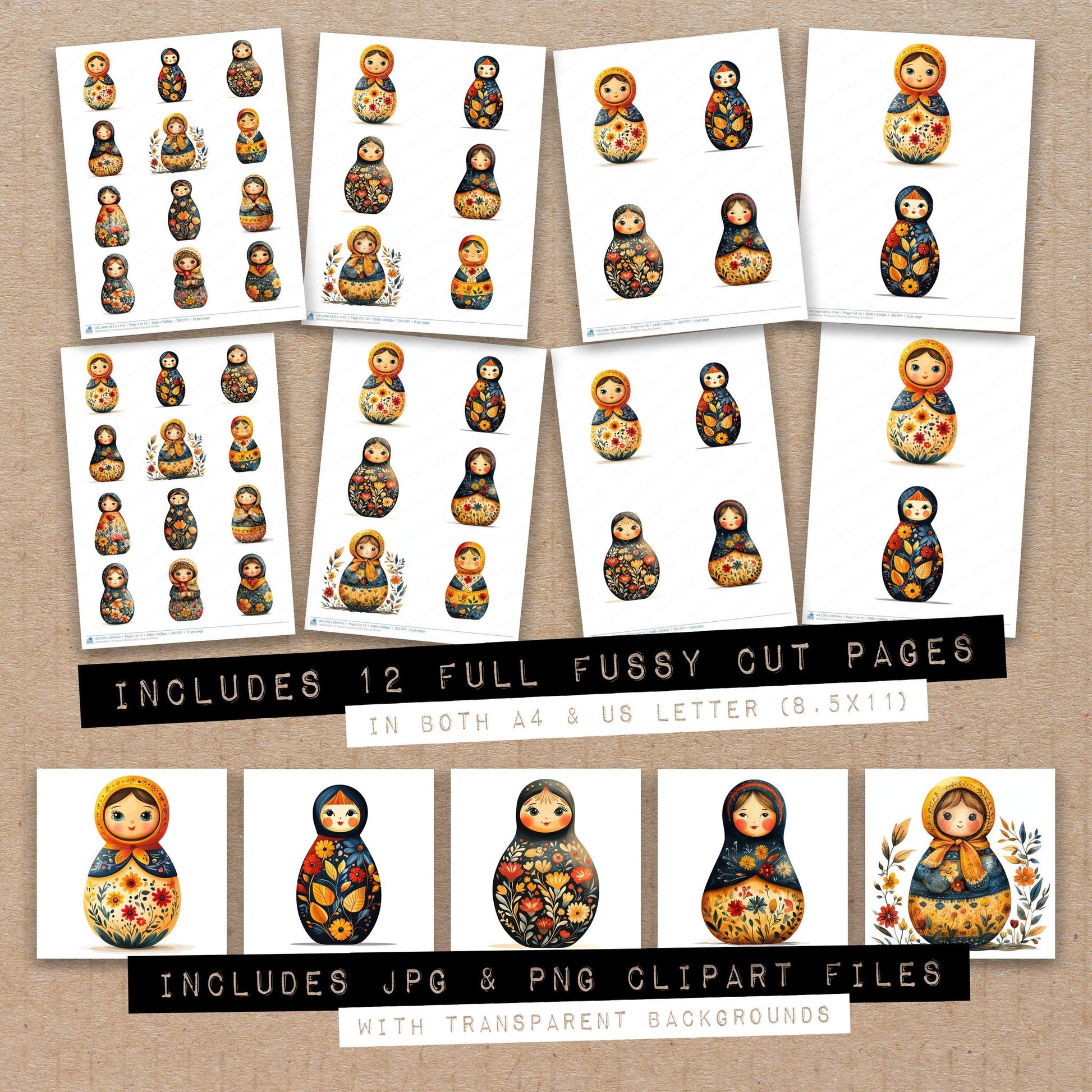 Full collection view of Russian Stacking Doll fussy cut sheets with bonus clipart JPG and PNG files