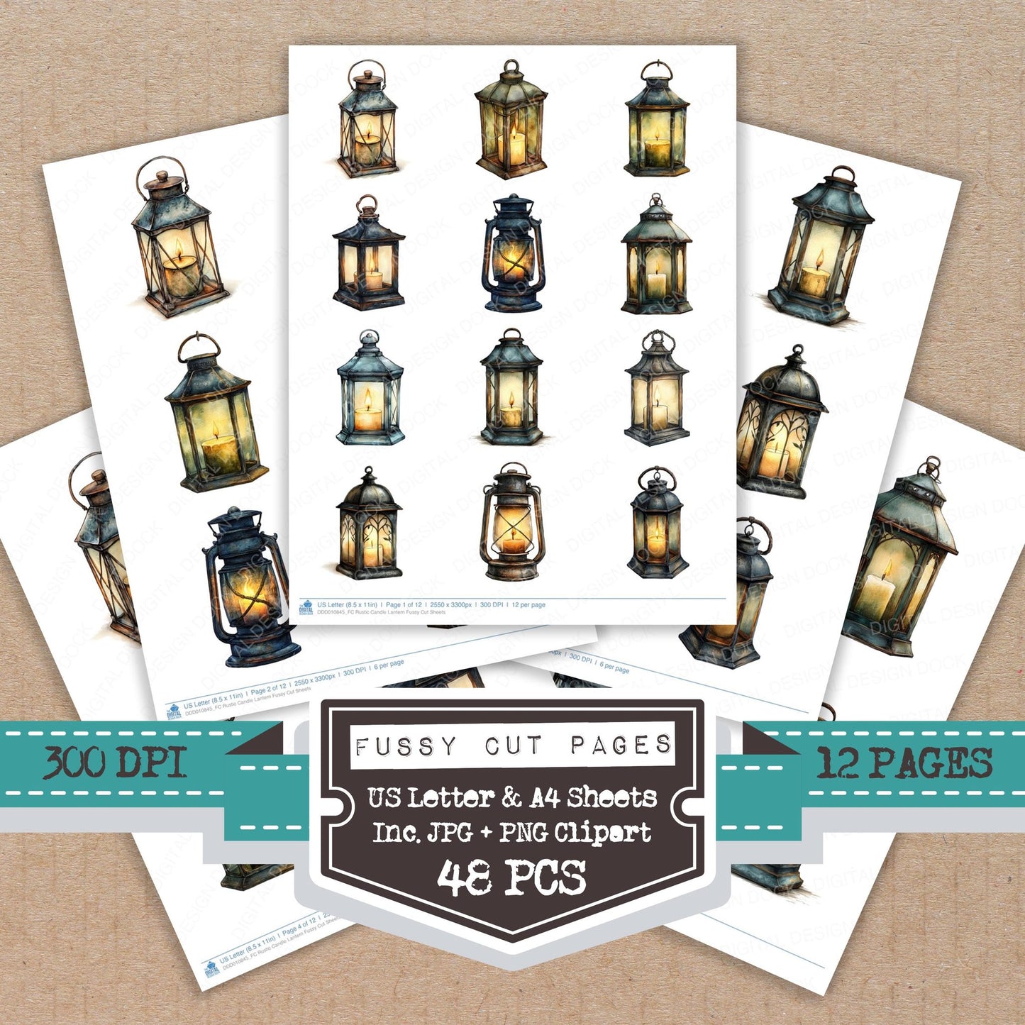 Rustic Candle Lantern fussy cut printable sheets for junk journaling, scrapbooking, and paper craft projects