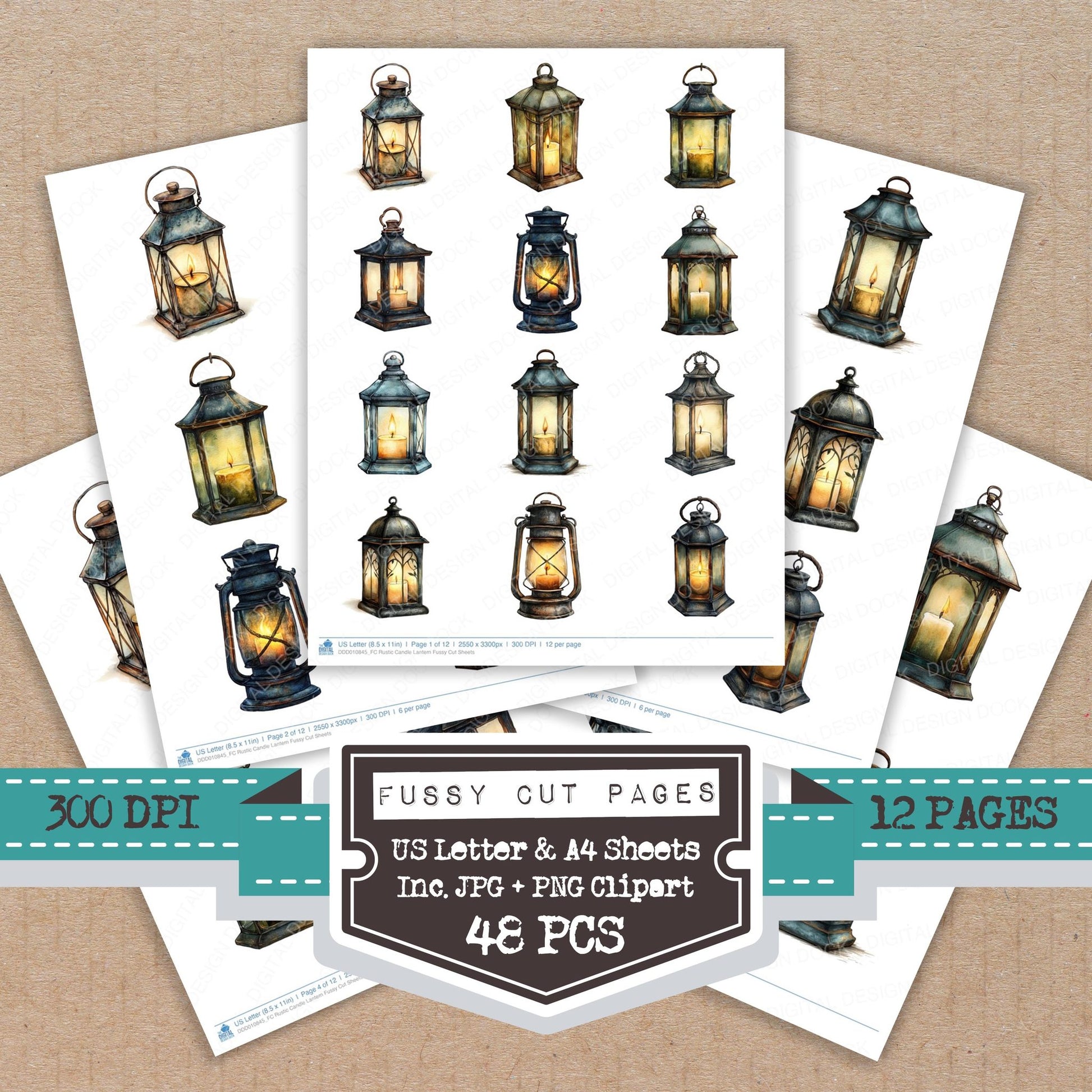 Rustic Candle Lantern fussy cut printable sheets for junk journaling, scrapbooking, and paper craft projects