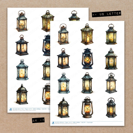 A4 and US Letter format comparison showing Rustic Candle Lantern fussy cut pages for print and cut crafting