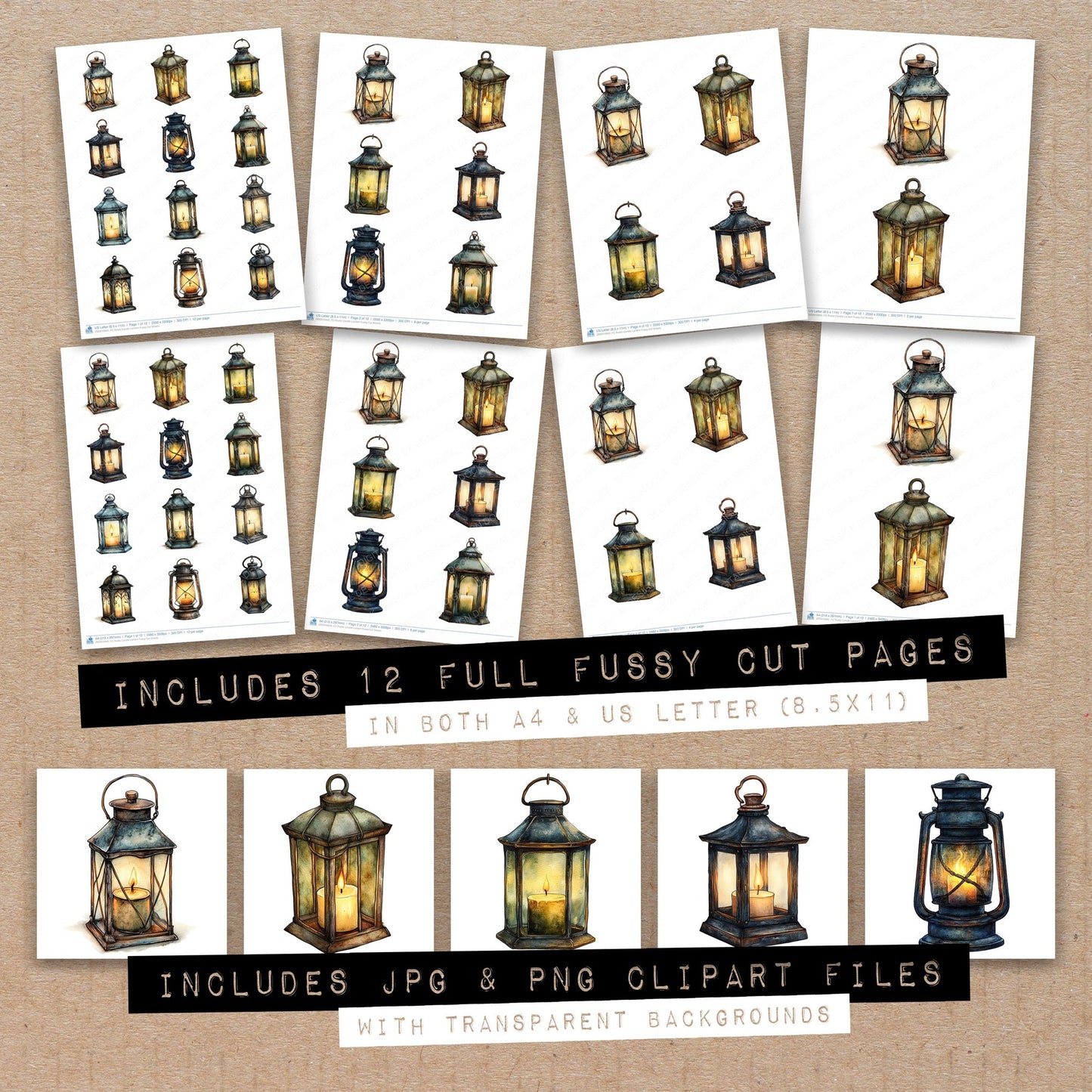Full collection view of Rustic Candle Lantern fussy cut sheets with bonus clipart JPG and PNG files