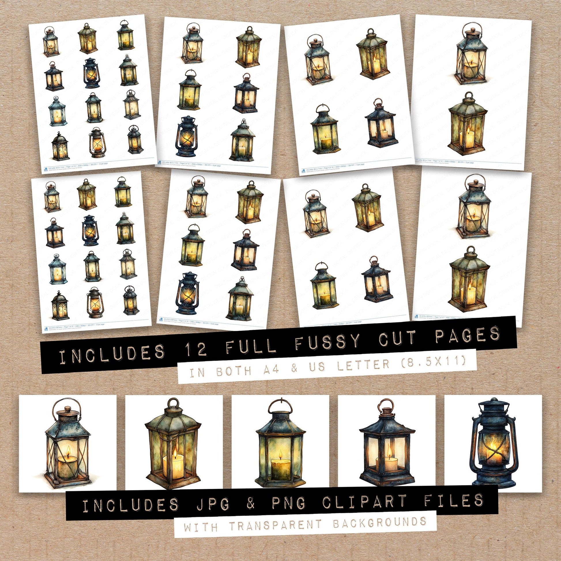 Full collection view of Rustic Candle Lantern fussy cut sheets with bonus clipart JPG and PNG files