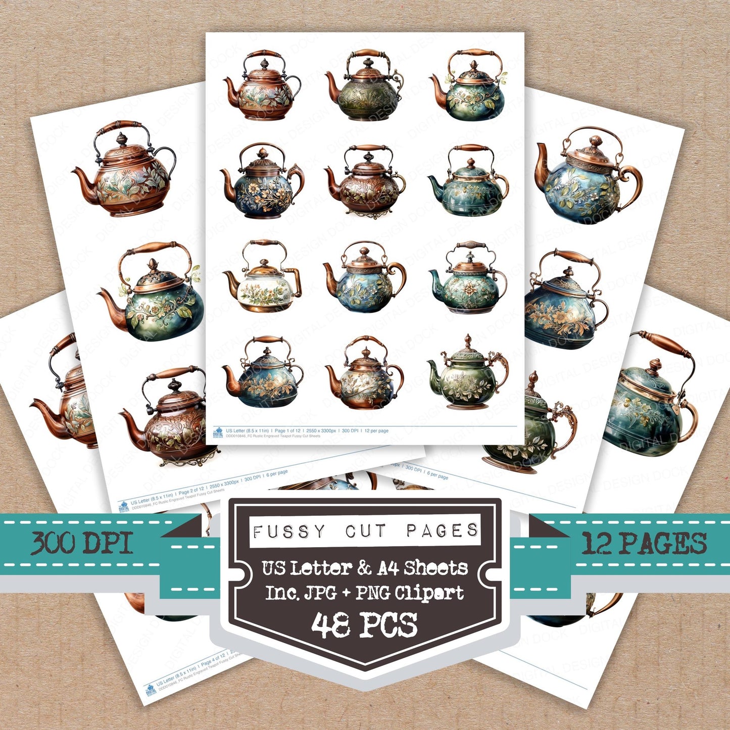 Rustic Engraved Teapot fussy cut printable sheets for junk journaling, scrapbooking, and paper craft projects