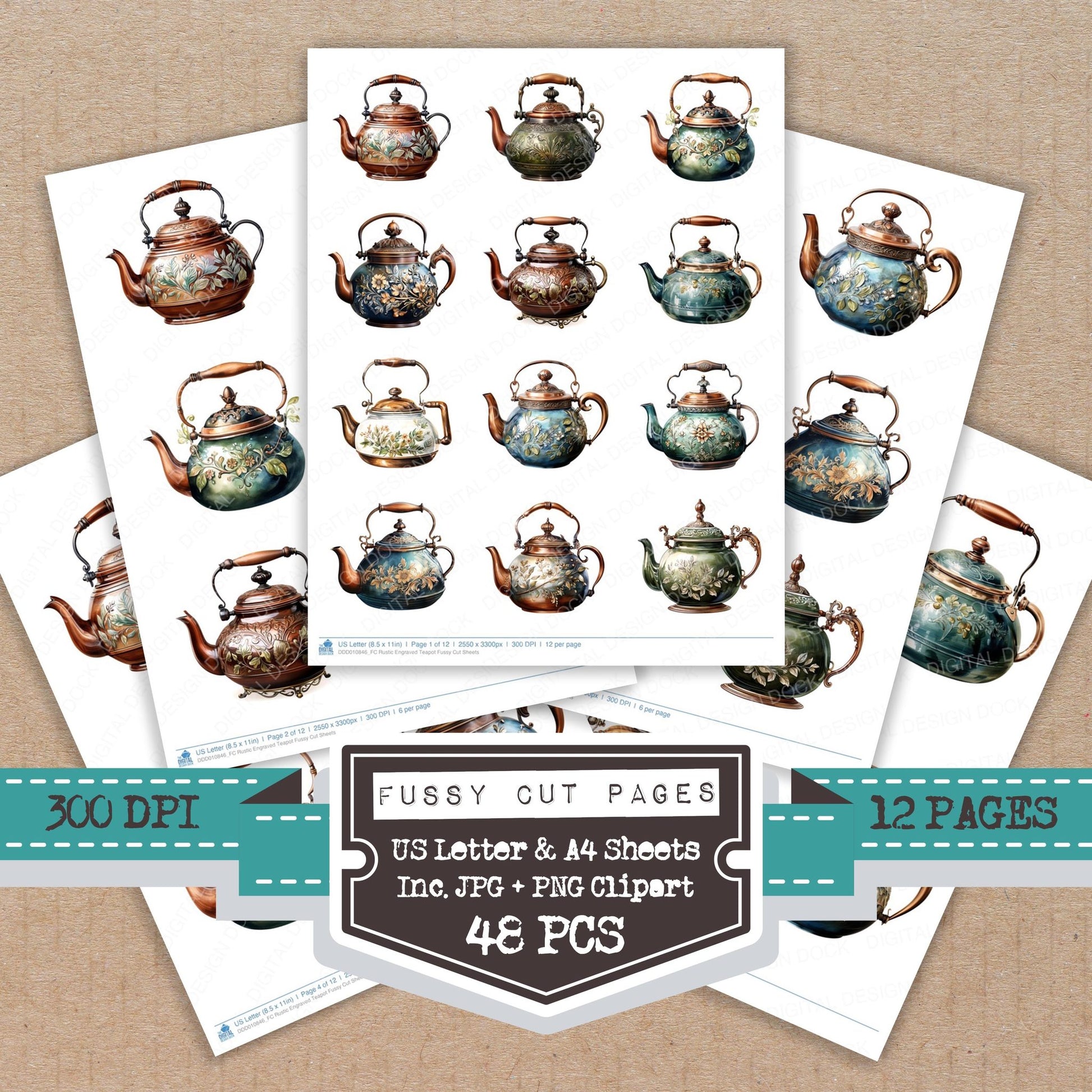 Rustic Engraved Teapot fussy cut printable sheets for junk journaling, scrapbooking, and paper craft projects