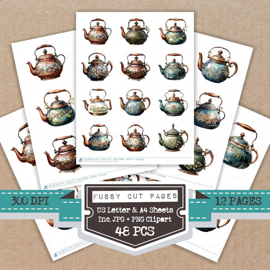 Rustic Engraved Teapot fussy cut printable sheets for junk journaling, scrapbooking, and paper craft projects
