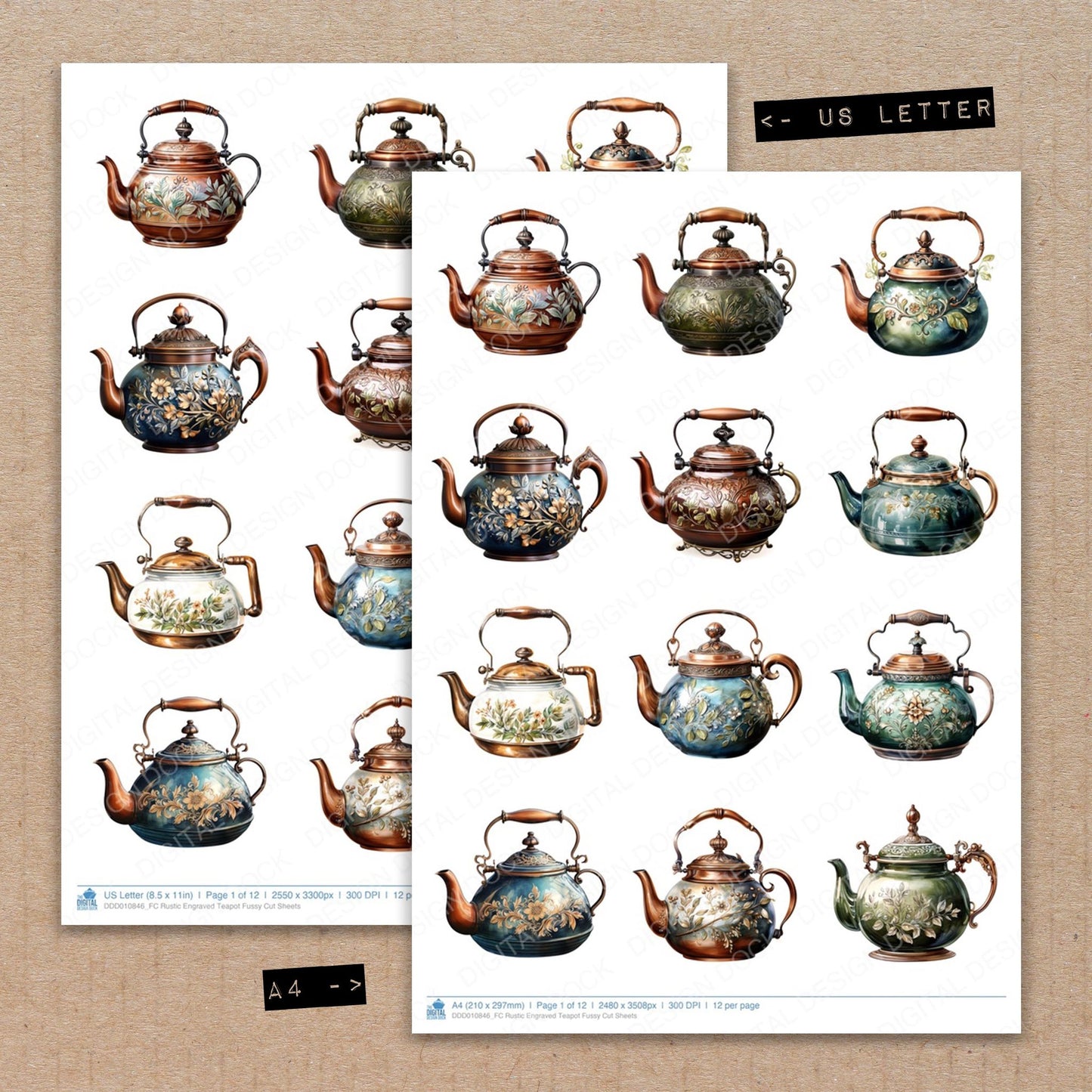 A4 and US Letter format comparison showing Rustic Engraved Teapot fussy cut pages for print and cut crafting