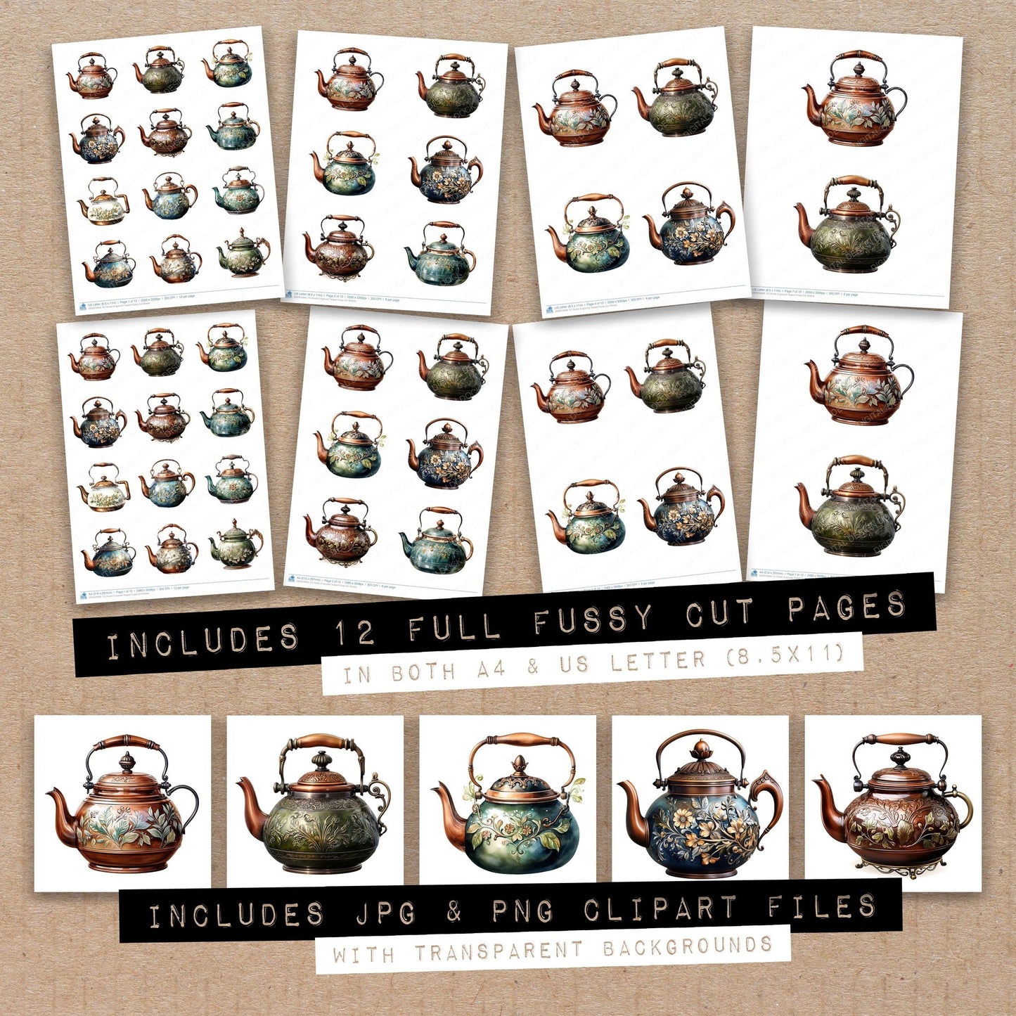 Full collection view of Rustic Engraved Teapot fussy cut sheets with bonus clipart JPG and PNG files