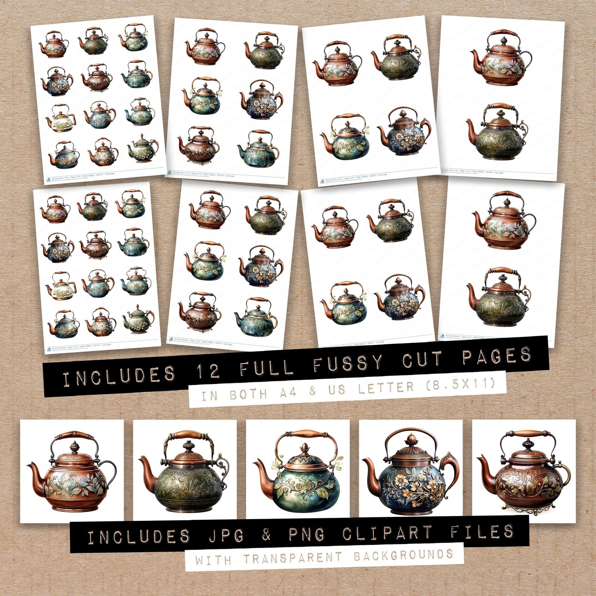 Full collection view of Rustic Engraved Teapot fussy cut sheets with bonus clipart JPG and PNG files