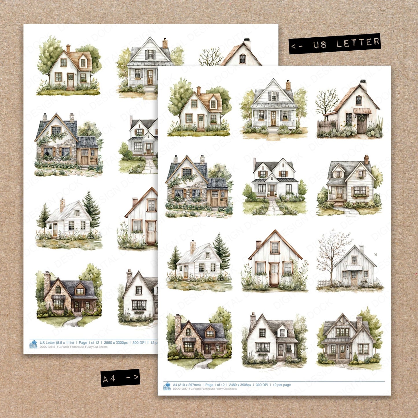 A4 and US Letter format comparison showing Rustic Farmhouse fussy cut pages for print and cut crafting