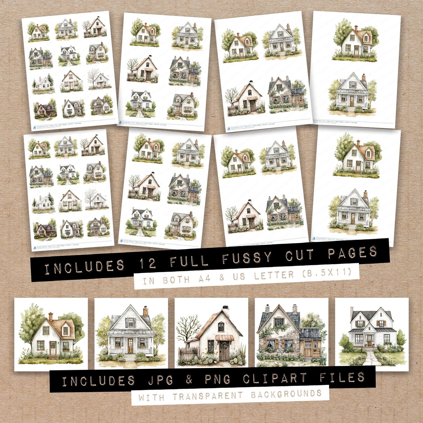 Full collection view of Rustic Farmhouse fussy cut sheets with bonus clipart JPG and PNG files