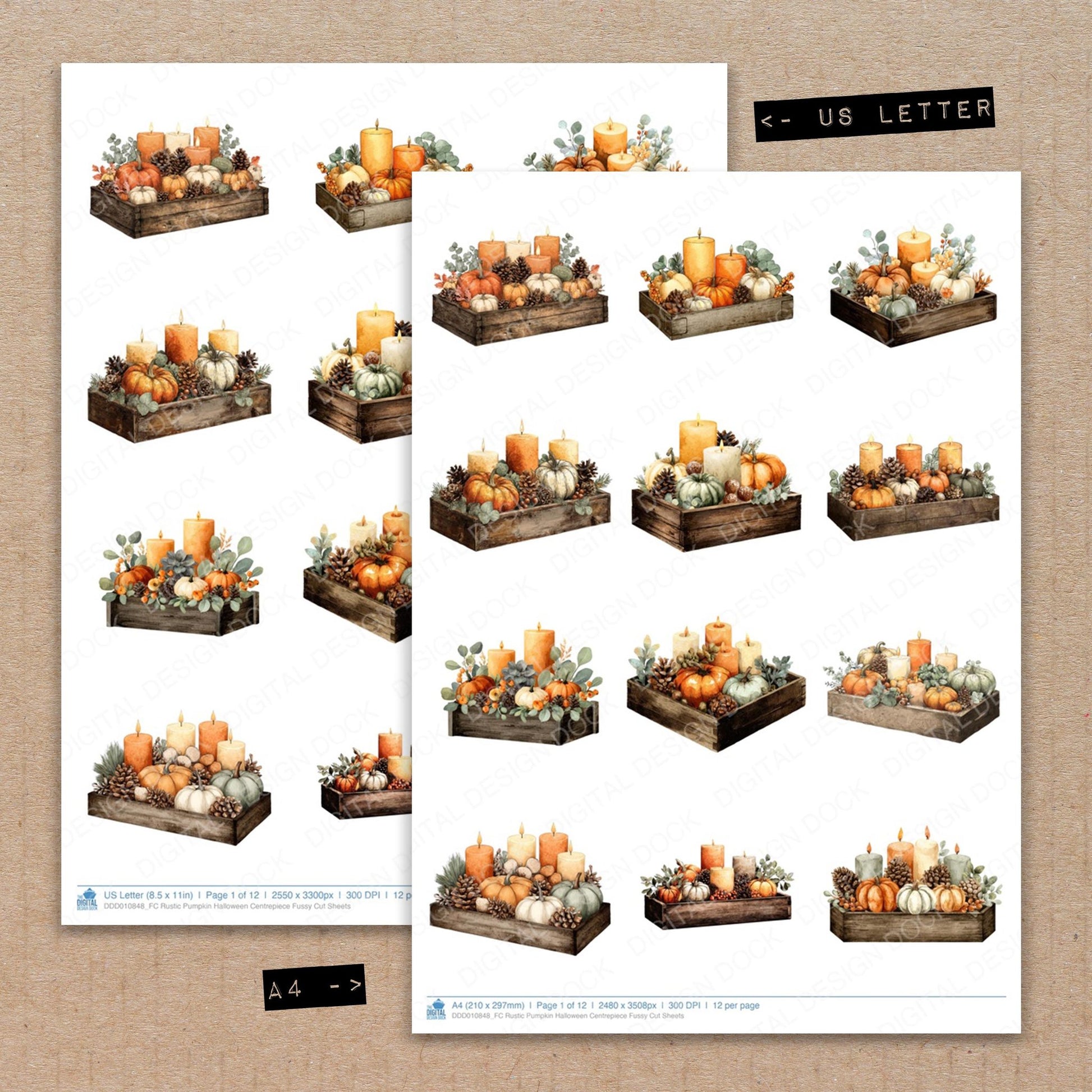 A4 and US Letter format comparison showing Rustic Pumpkin Halloween Centrepiece fussy cut pages for print and cut crafting