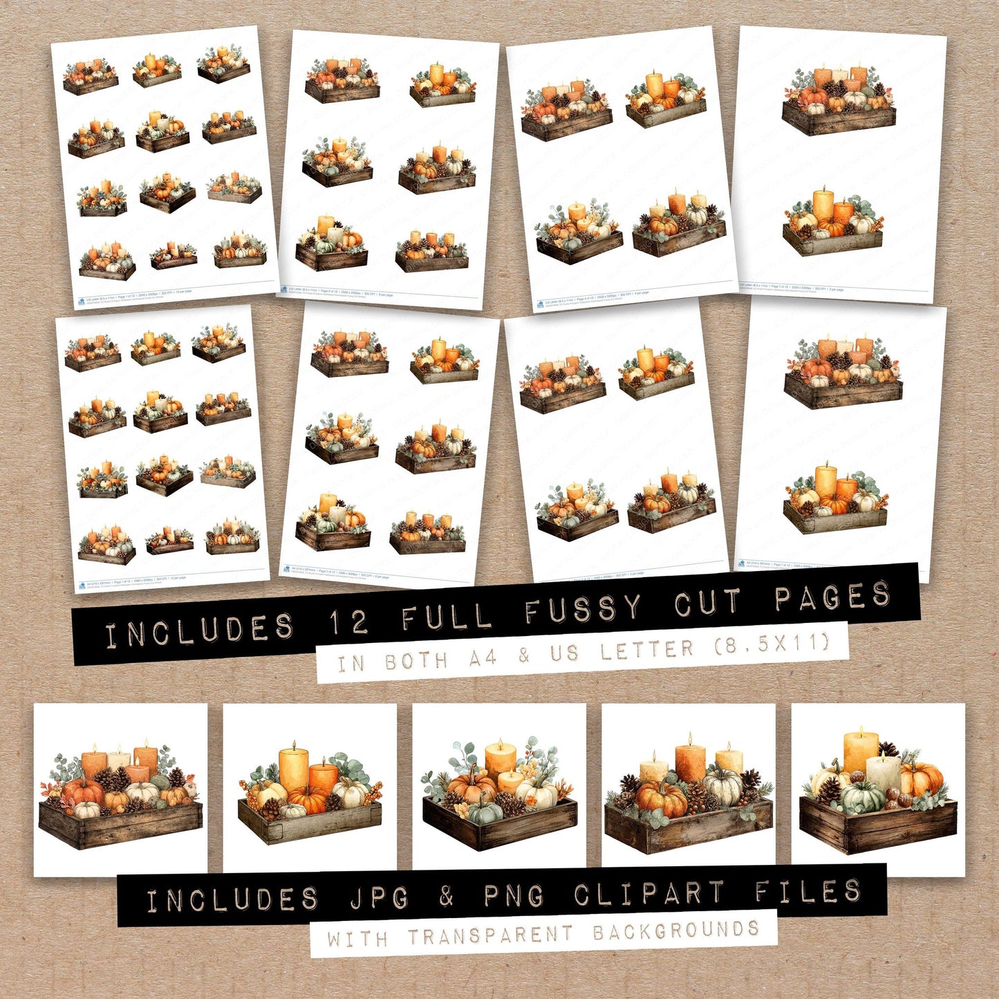 Full collection view of Rustic Pumpkin Halloween Centrepiece fussy cut sheets with bonus clipart JPG and PNG files