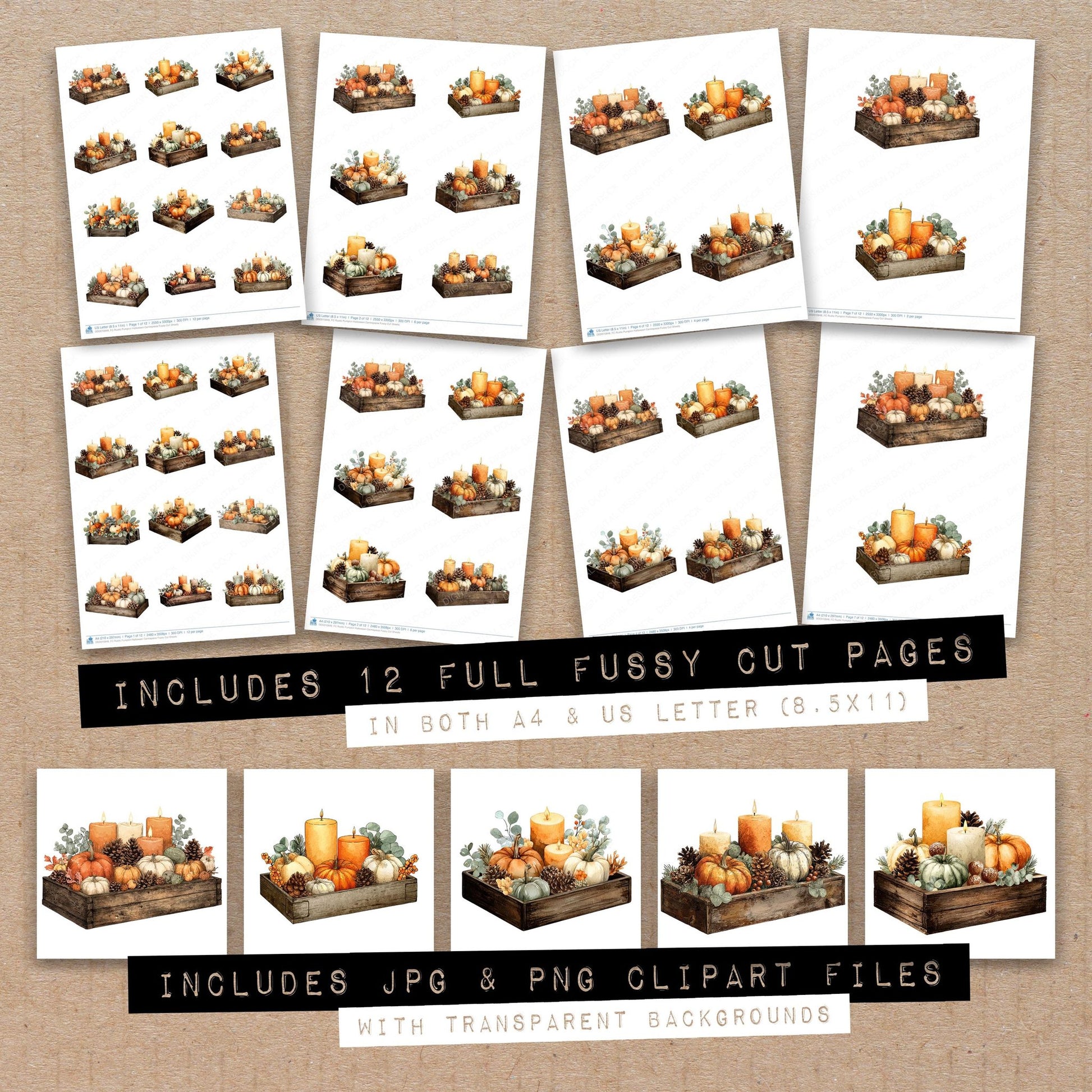 Full collection view of Rustic Pumpkin Halloween Centrepiece fussy cut sheets with bonus clipart JPG and PNG files