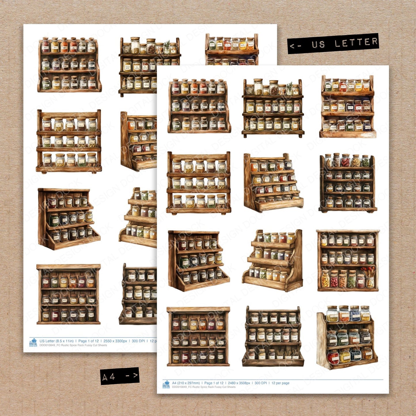 A4 and US Letter format comparison showing Rustic Spice Rack fussy cut pages for print and cut crafting