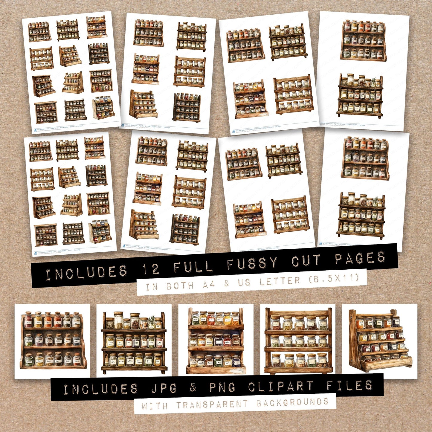 Full collection view of Rustic Spice Rack fussy cut sheets with bonus clipart JPG and PNG files