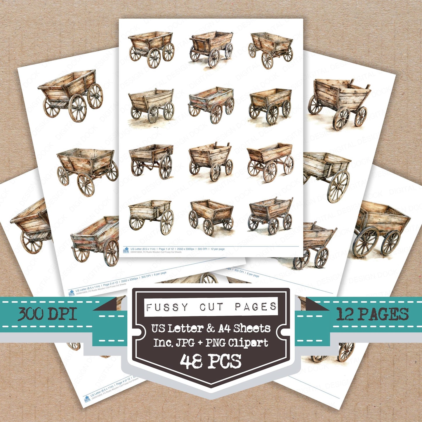 Rustic Wooden Cart fussy cut printable sheets for junk journaling, scrapbooking, and paper craft projects