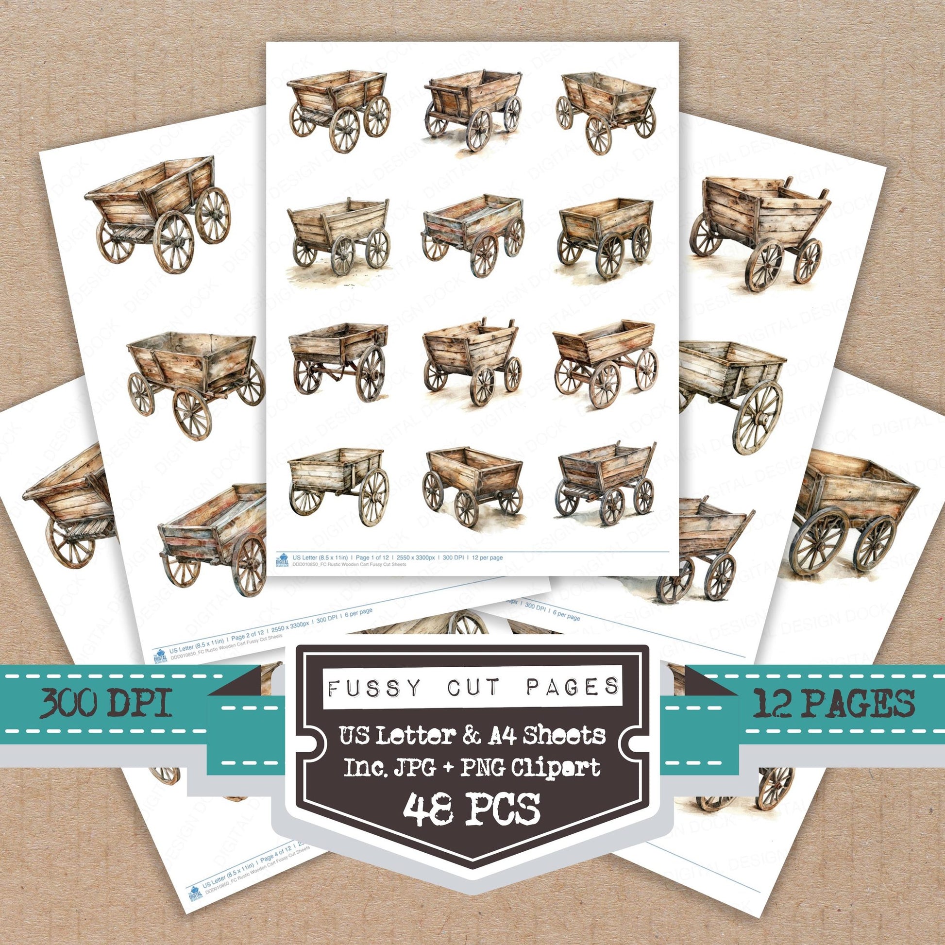 Rustic Wooden Cart fussy cut printable sheets for junk journaling, scrapbooking, and paper craft projects