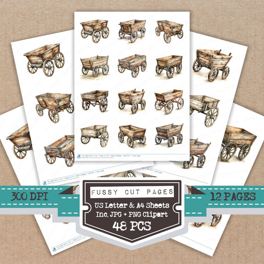 Rustic Wooden Cart fussy cut printable sheets for junk journaling, scrapbooking, and paper craft projects