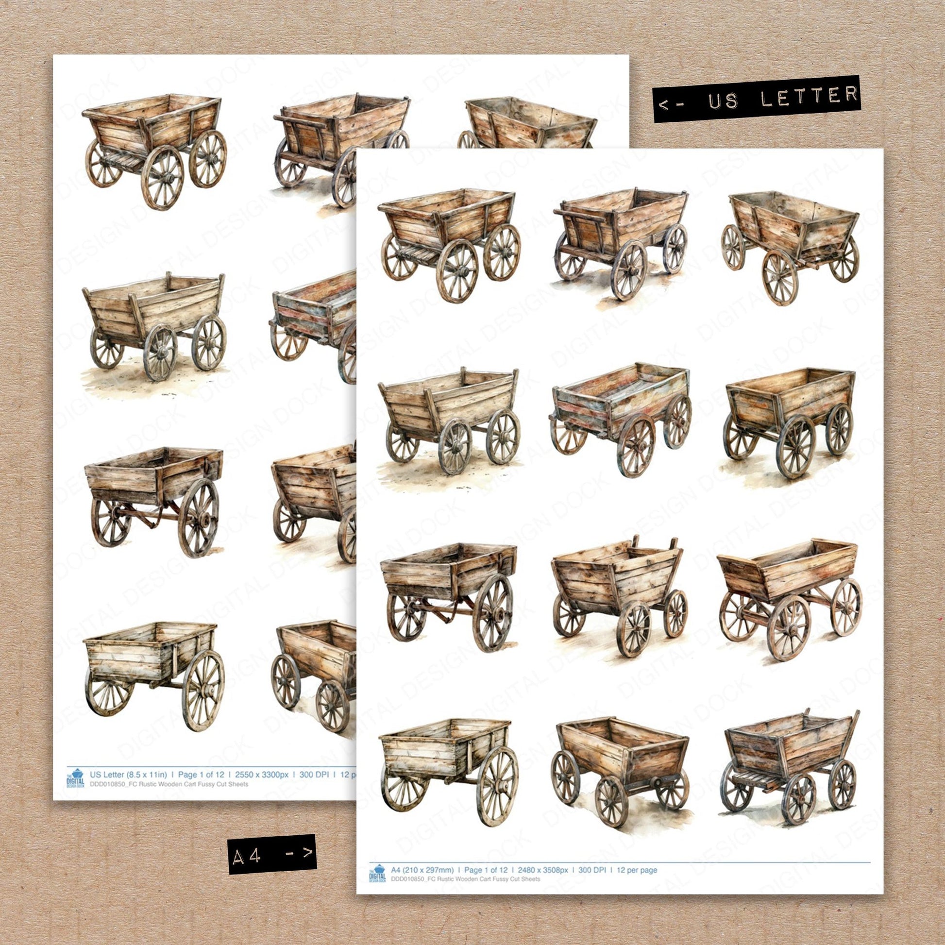 A4 and US Letter format comparison showing Rustic Wooden Cart fussy cut pages for print and cut crafting