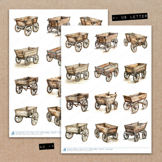 A4 and US Letter format comparison showing Rustic Wooden Cart fussy cut pages for print and cut crafting
