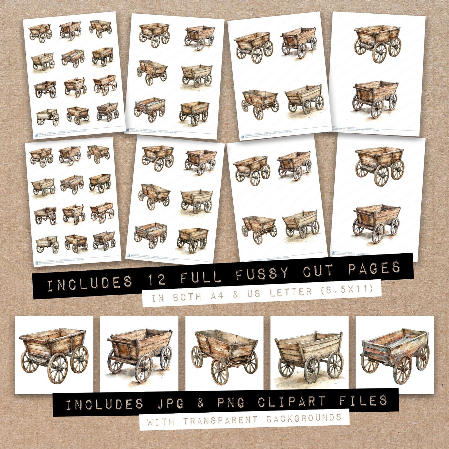 Full collection view of Rustic Wooden Cart fussy cut sheets with bonus clipart JPG and PNG files