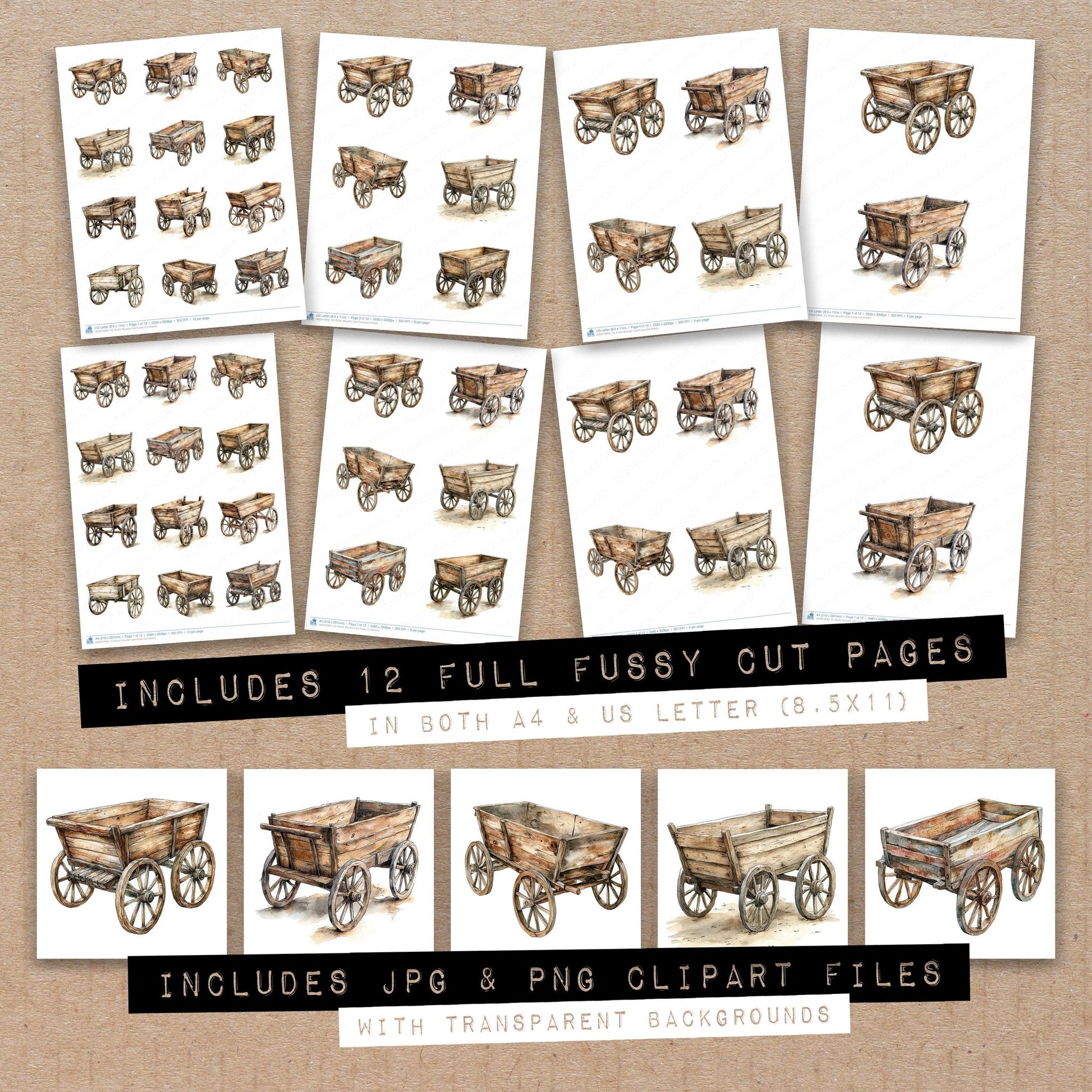 Full collection view of Rustic Wooden Cart fussy cut sheets with bonus clipart JPG and PNG files