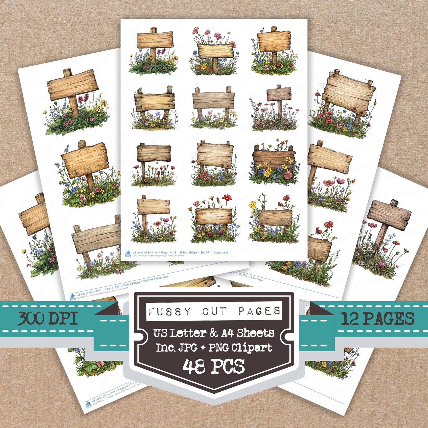 Rustic Wooden Sign fussy cut printable sheets for junk journaling, scrapbooking, and paper craft projects