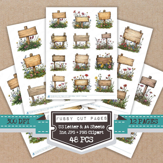 Rustic Wooden Sign fussy cut printable sheets for junk journaling, scrapbooking, and paper craft projects