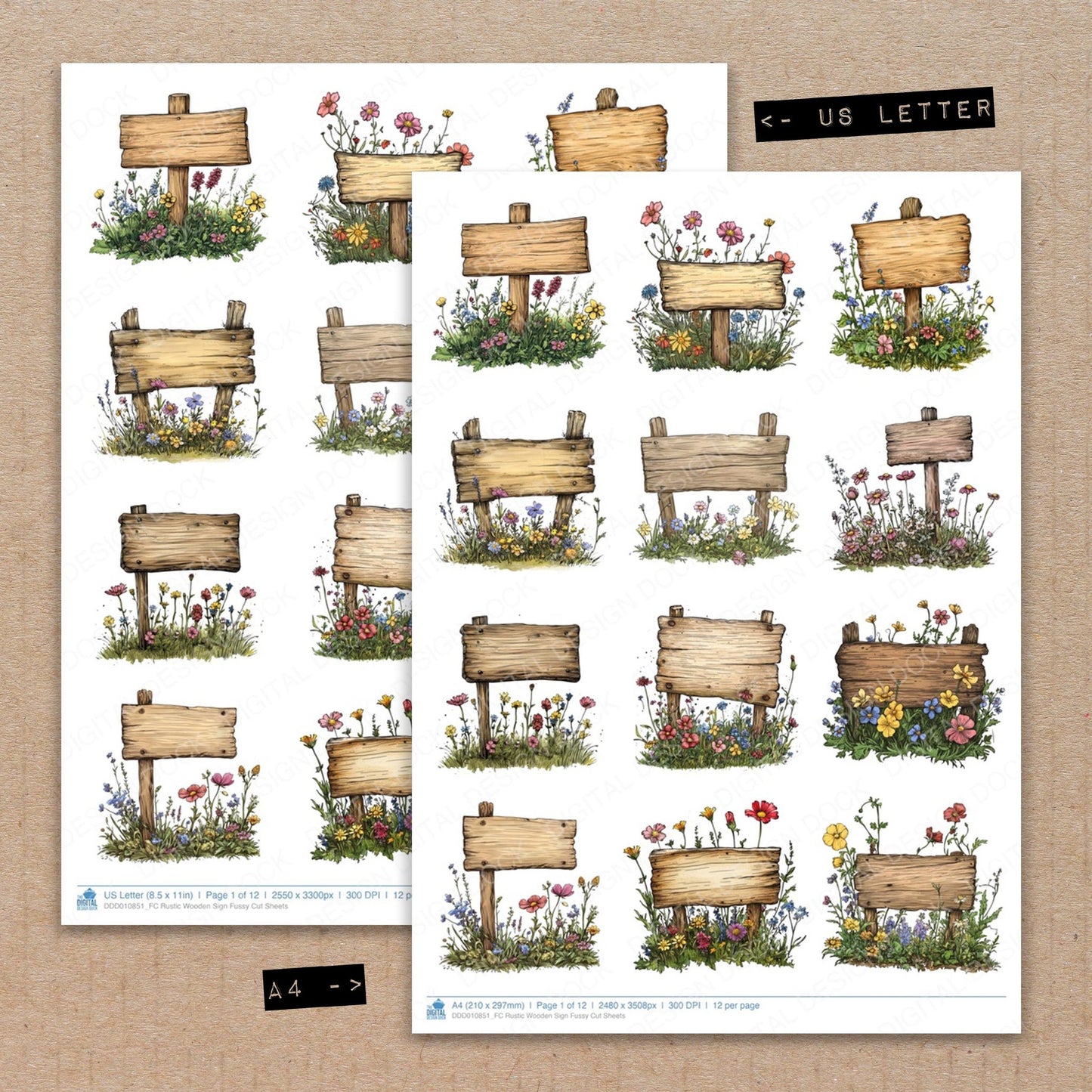 A4 and US Letter format comparison showing Rustic Wooden Sign fussy cut pages for print and cut crafting