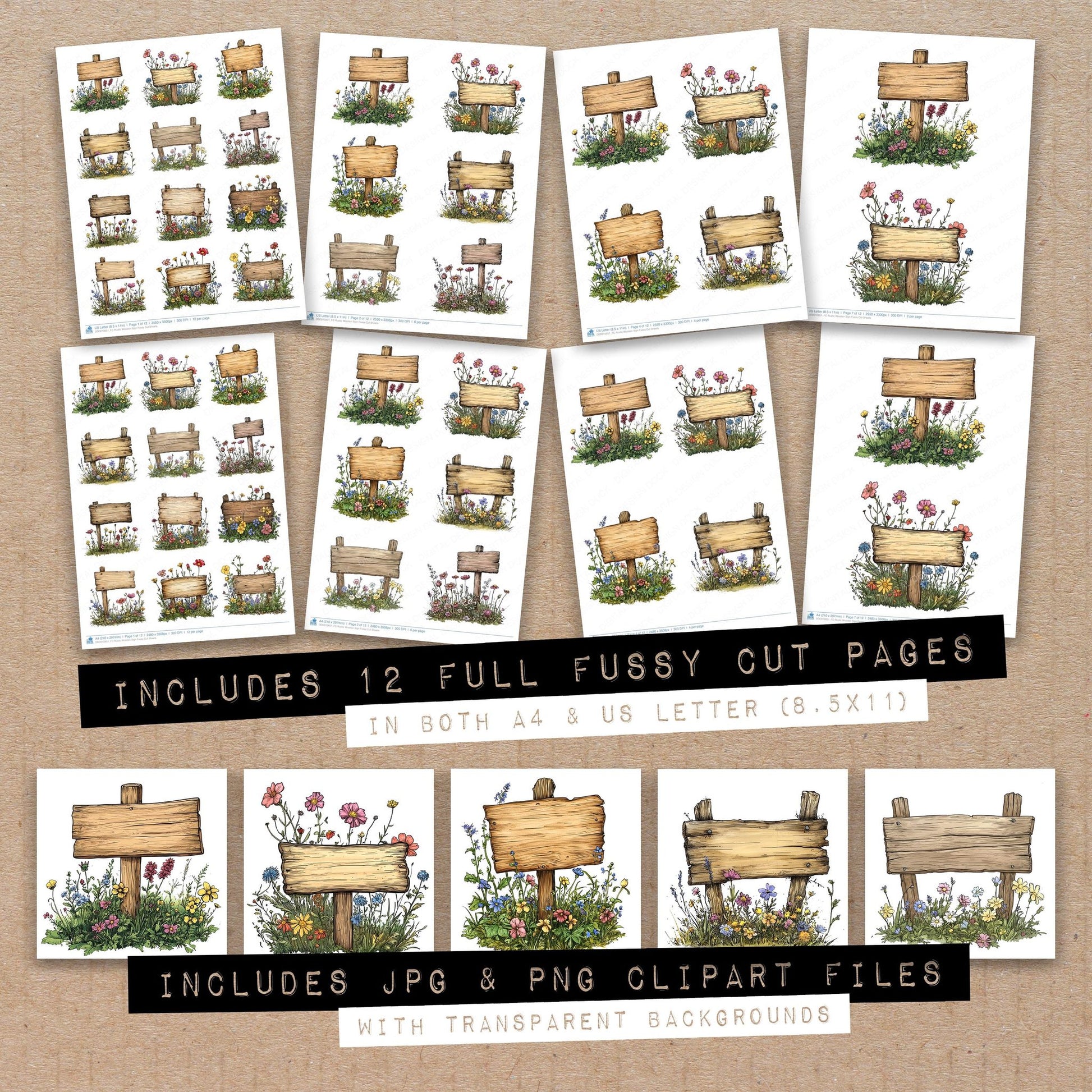 Full collection view of Rustic Wooden Sign fussy cut sheets with bonus clipart JPG and PNG files