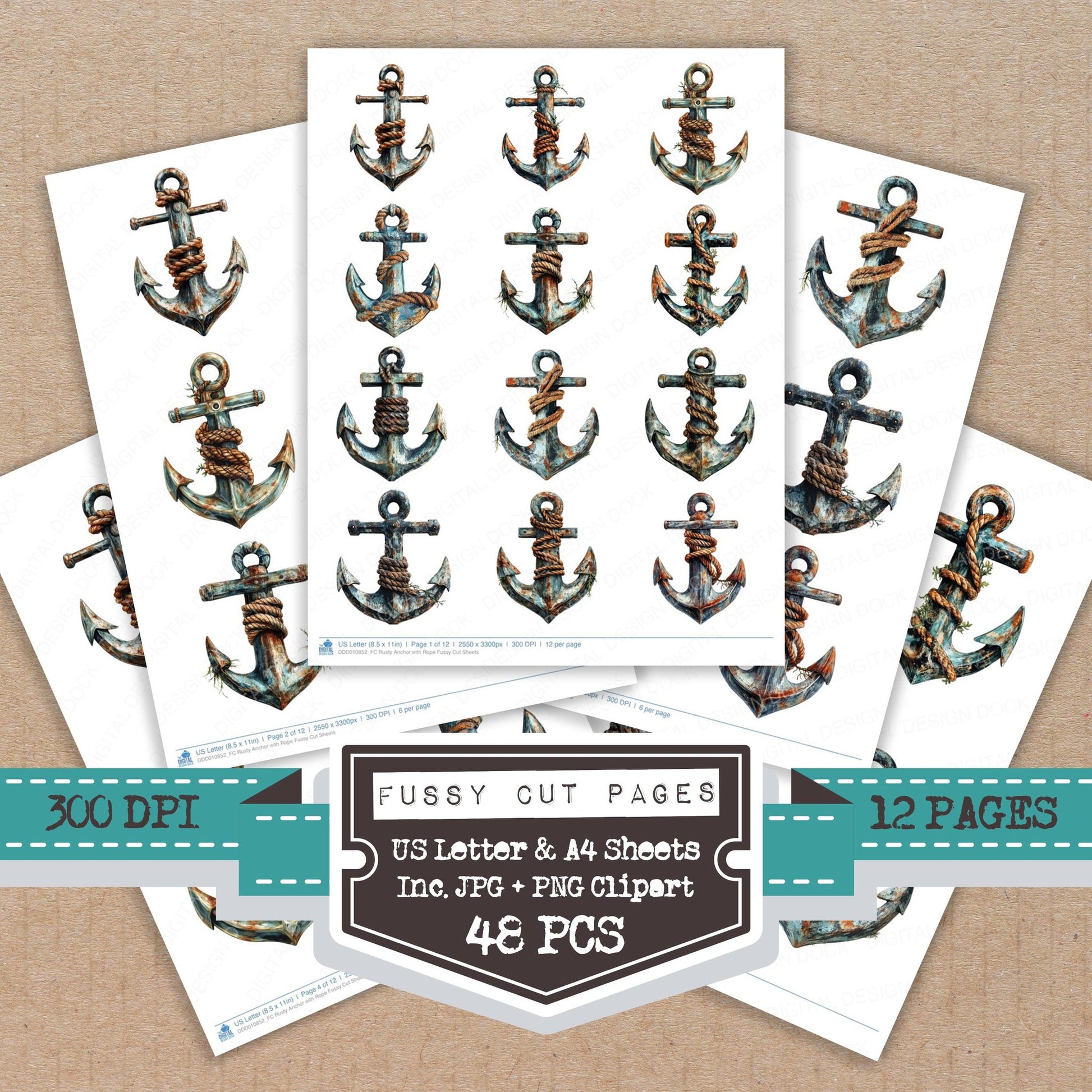 Rusty Anchor with Rope fussy cut printable sheets for junk journaling, scrapbooking, and paper craft projects