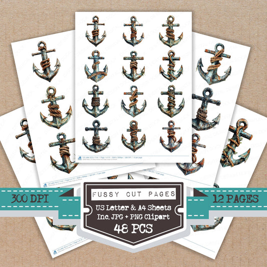 Rusty Anchor with Rope fussy cut printable sheets for junk journaling, scrapbooking, and paper craft projects