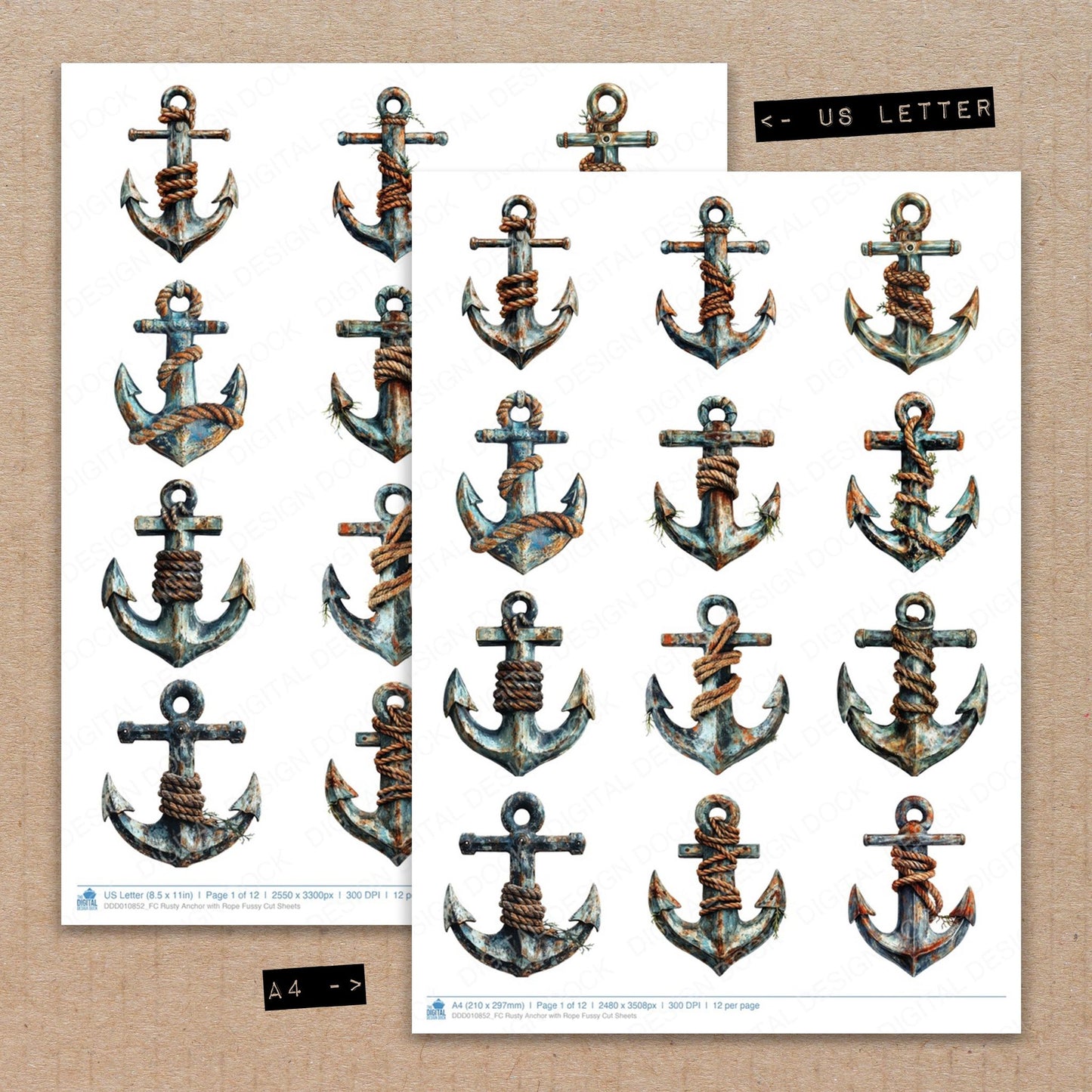 A4 and US Letter format comparison showing Rusty Anchor with Rope fussy cut pages for print and cut crafting