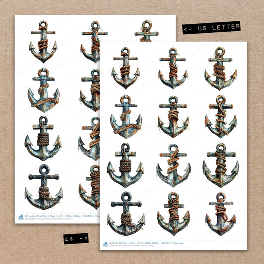 A4 and US Letter format comparison showing Rusty Anchor with Rope fussy cut pages for print and cut crafting