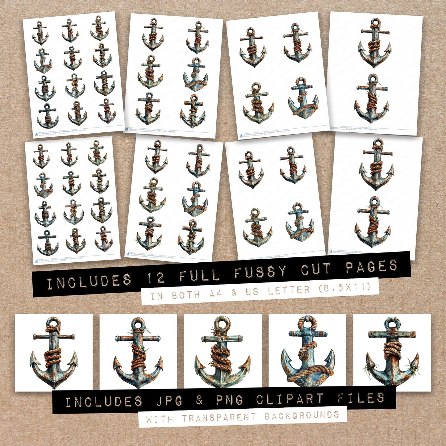 Full collection view of Rusty Anchor with Rope fussy cut sheets with bonus clipart JPG and PNG files