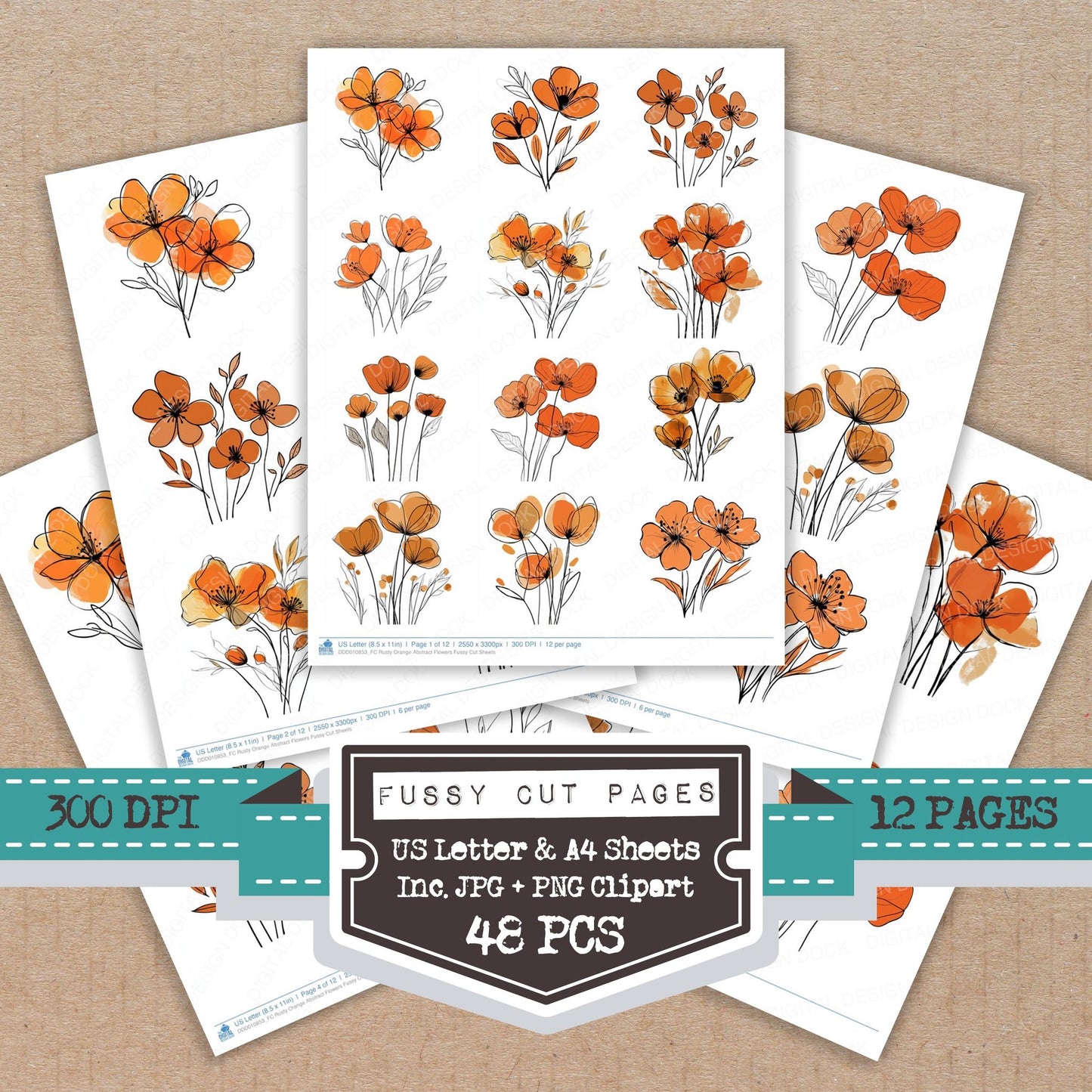 Rusty Orange Abstract Flowers fussy cut printable sheets for junk journaling, scrapbooking, and paper craft projects