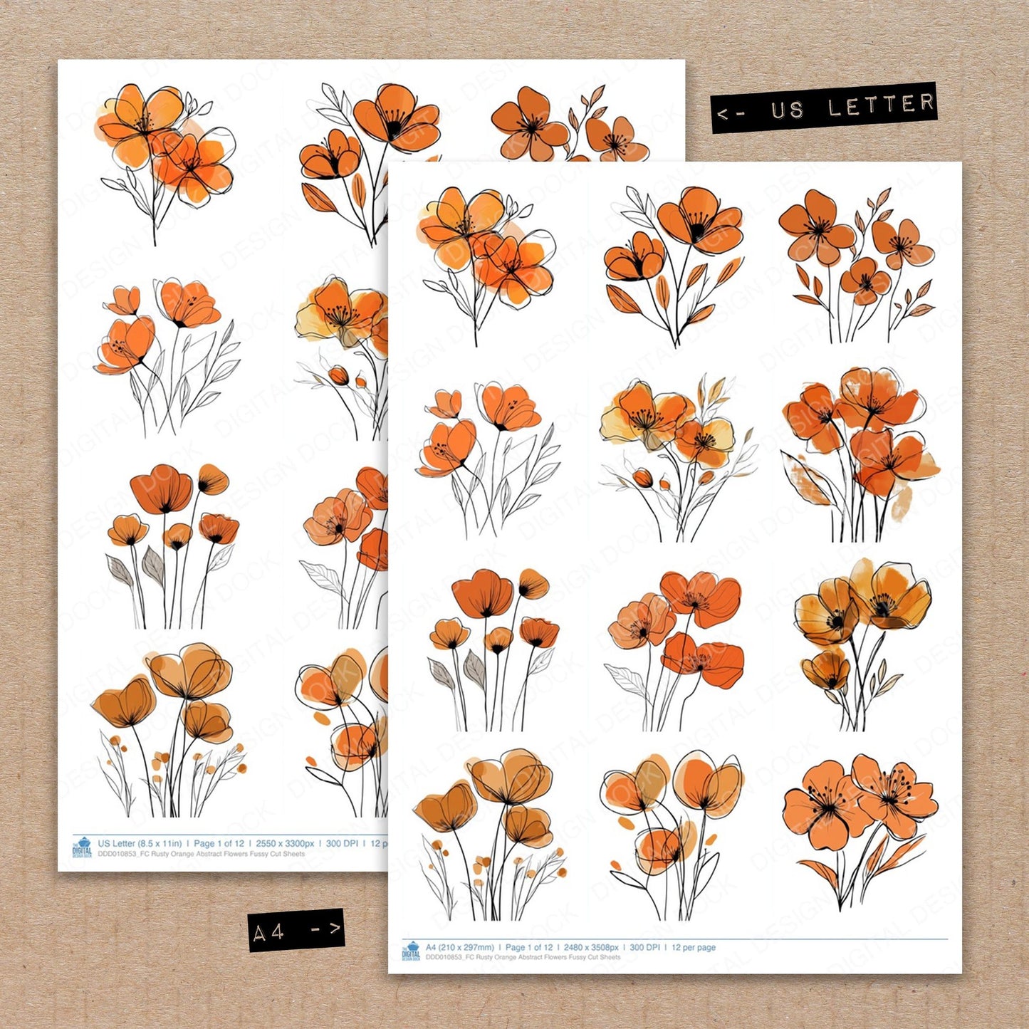 A4 and US Letter format comparison showing Rusty Orange Abstract Flowers fussy cut pages for print and cut crafting