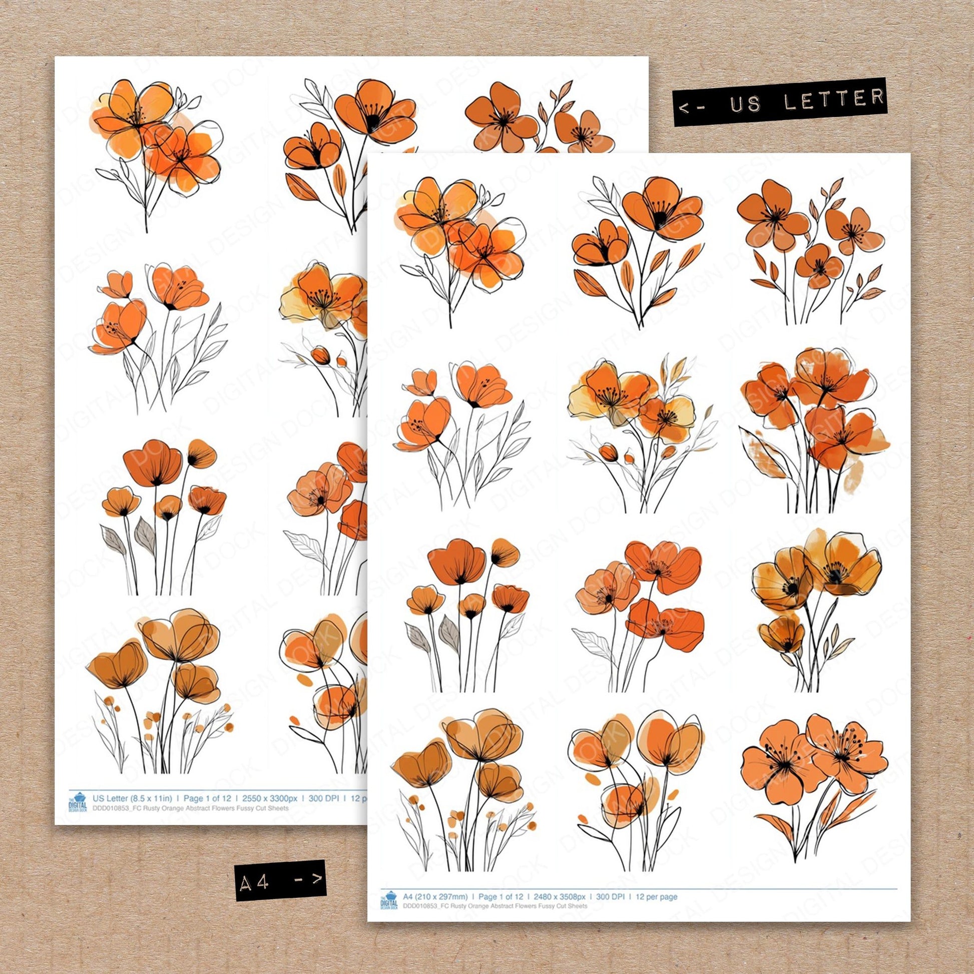 A4 and US Letter format comparison showing Rusty Orange Abstract Flowers fussy cut pages for print and cut crafting