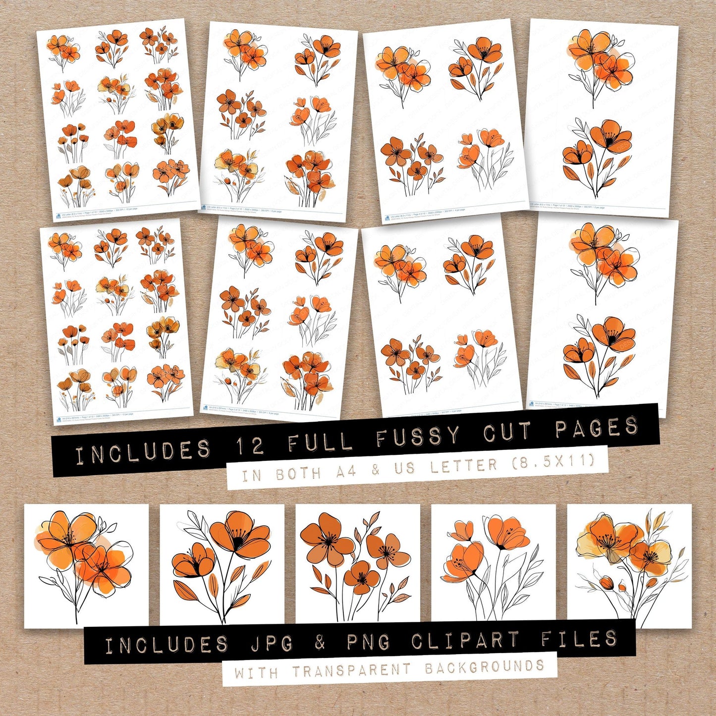Full collection view of Rusty Orange Abstract Flowers fussy cut sheets with bonus clipart JPG and PNG files
