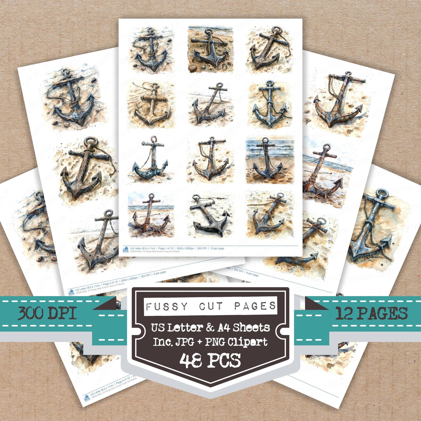 Rusty Ship Anchor fussy cut printable sheets for junk journaling, scrapbooking, and paper craft projects