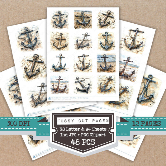 Rusty Ship Anchor fussy cut printable sheets for junk journaling, scrapbooking, and paper craft projects